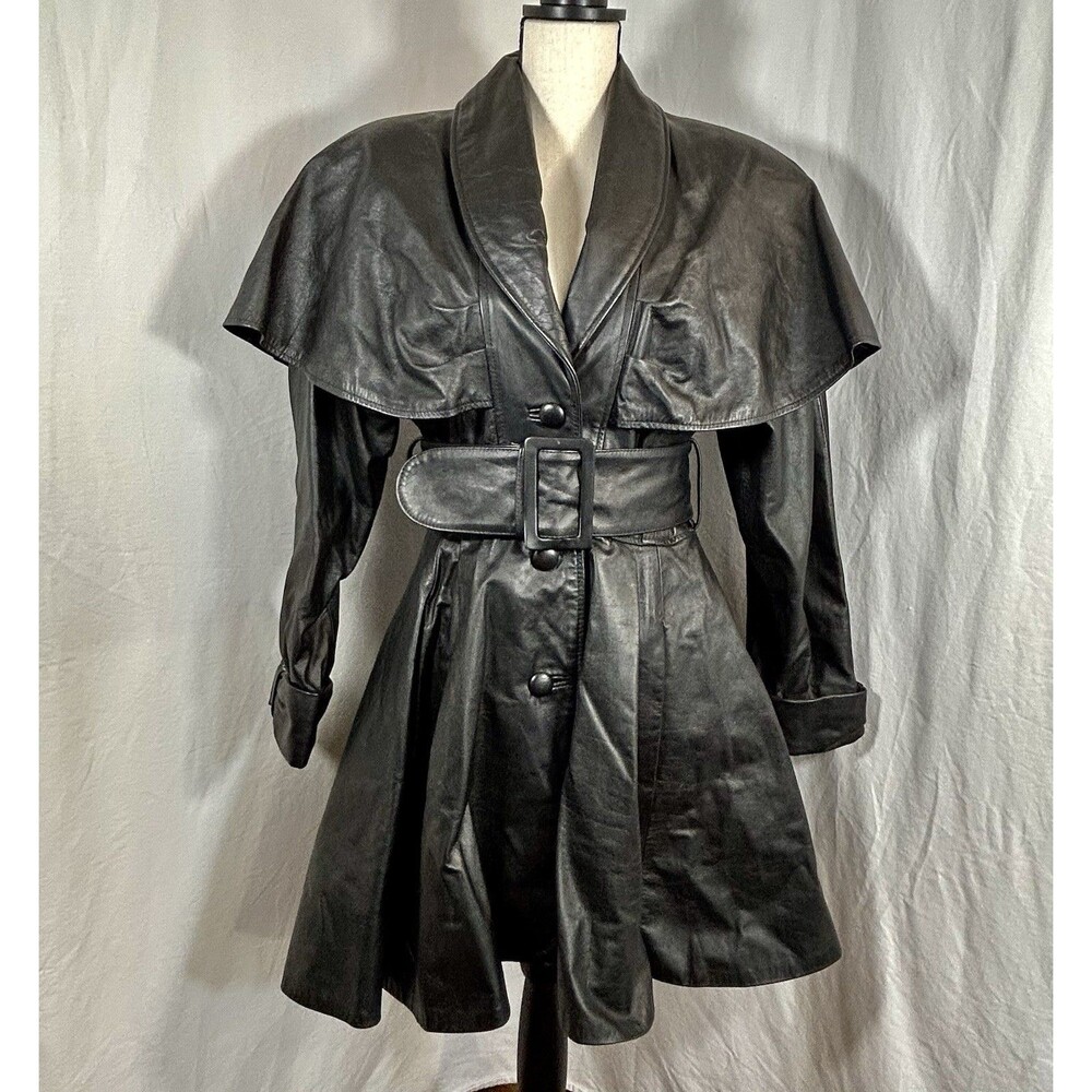 Vintage Pelle Studio Wilsons Leather Coat Womens M Cape Collar Belted A-Line 80s